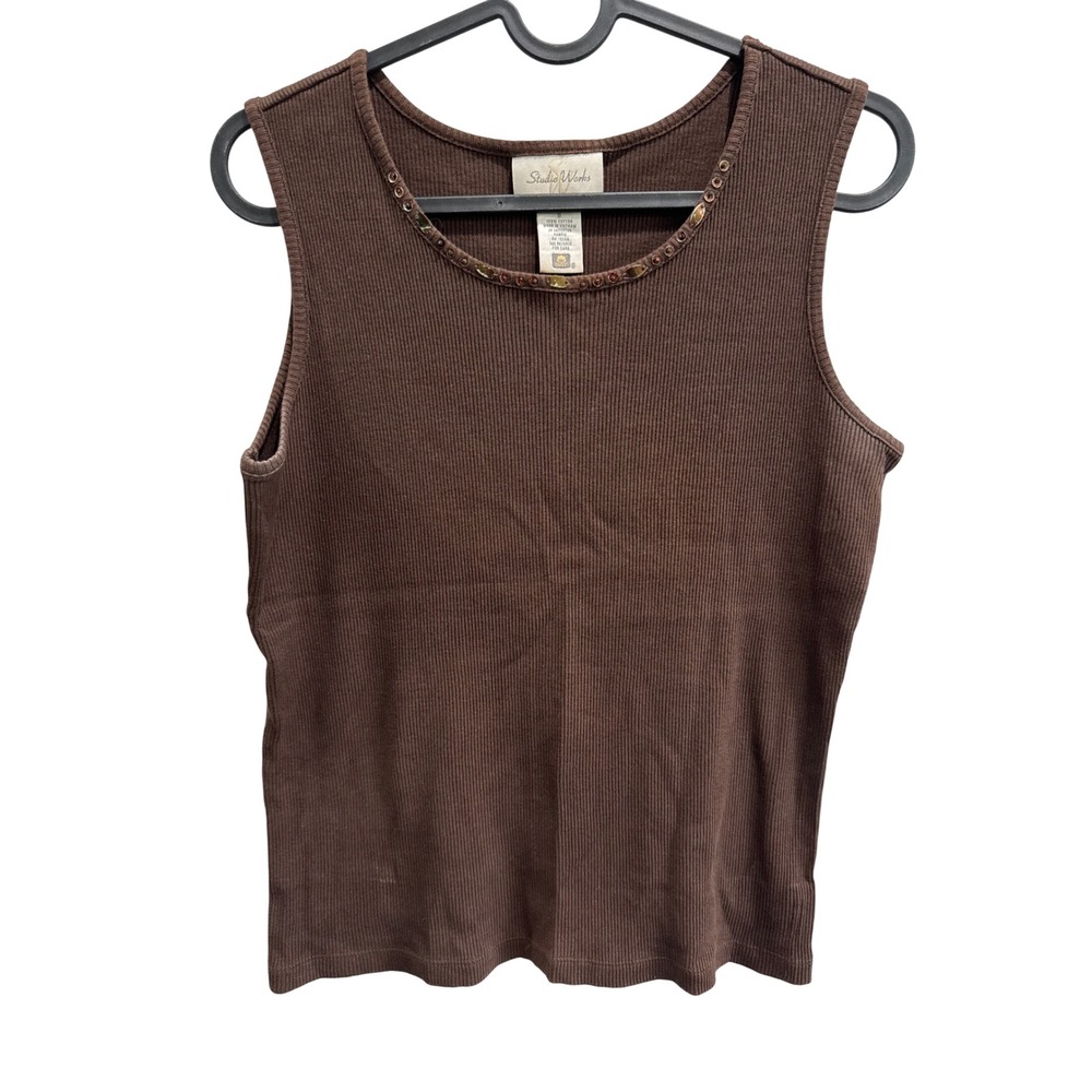 Studio Works Brown Ribbed Tank Top Embellished Neck Sleeveless Womens Size S‎